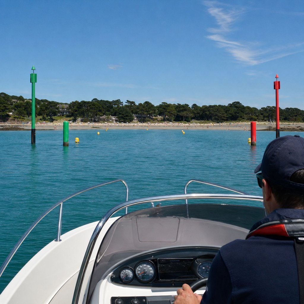 bateau à moteur entrant lentement dans un chenal balisé vers une plage française, baigneurs de chaque côté, attitude prudente et trajectoire rectiligne
