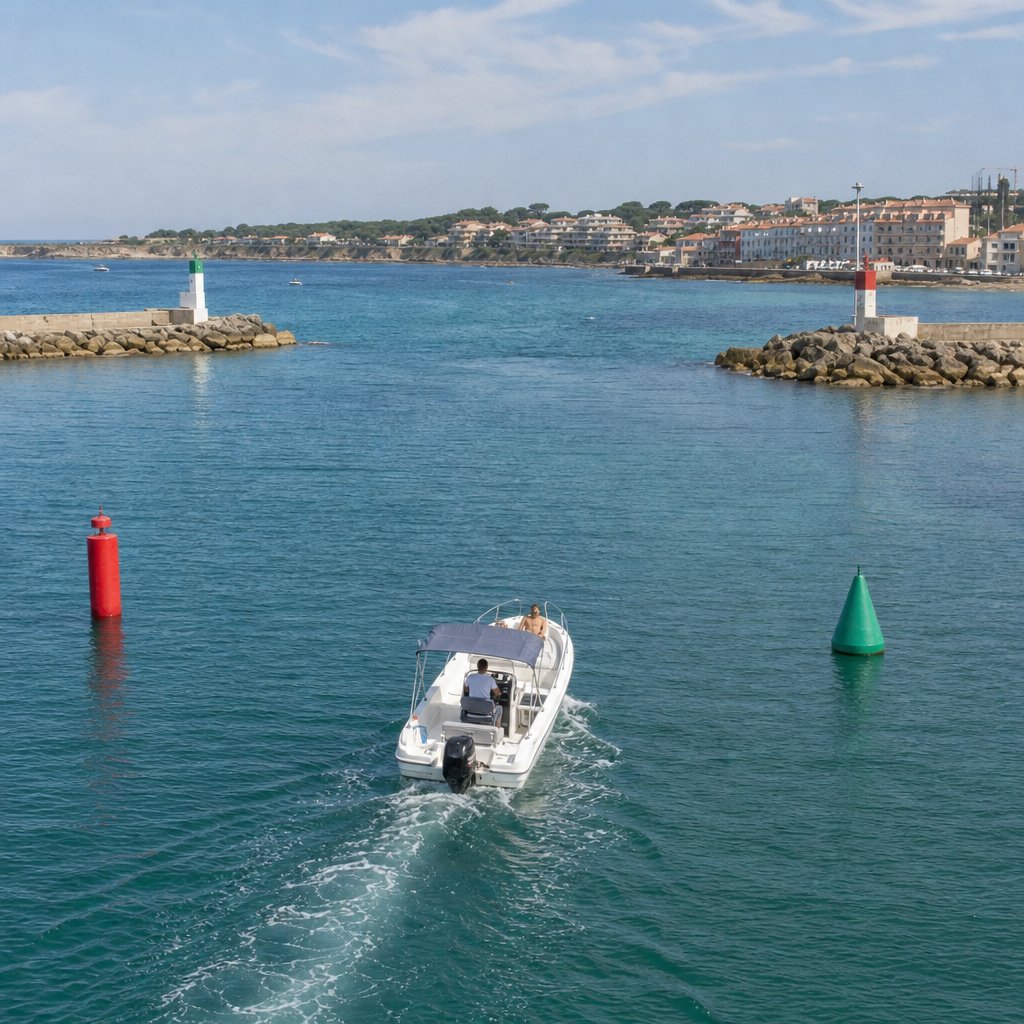 Vue en légère hauteur d’un petit bateau à moteur entrant dans un chenal balisé en France métropolitaine, avec une bouée rouge cylindrique à gauche du bateau et une bouée verte conique à droite. Mer calme, visibilité bonne, côte et entrée de port en arrière-plan. Image pédagogique réaliste sans texte, montrant clairement la logique région A.