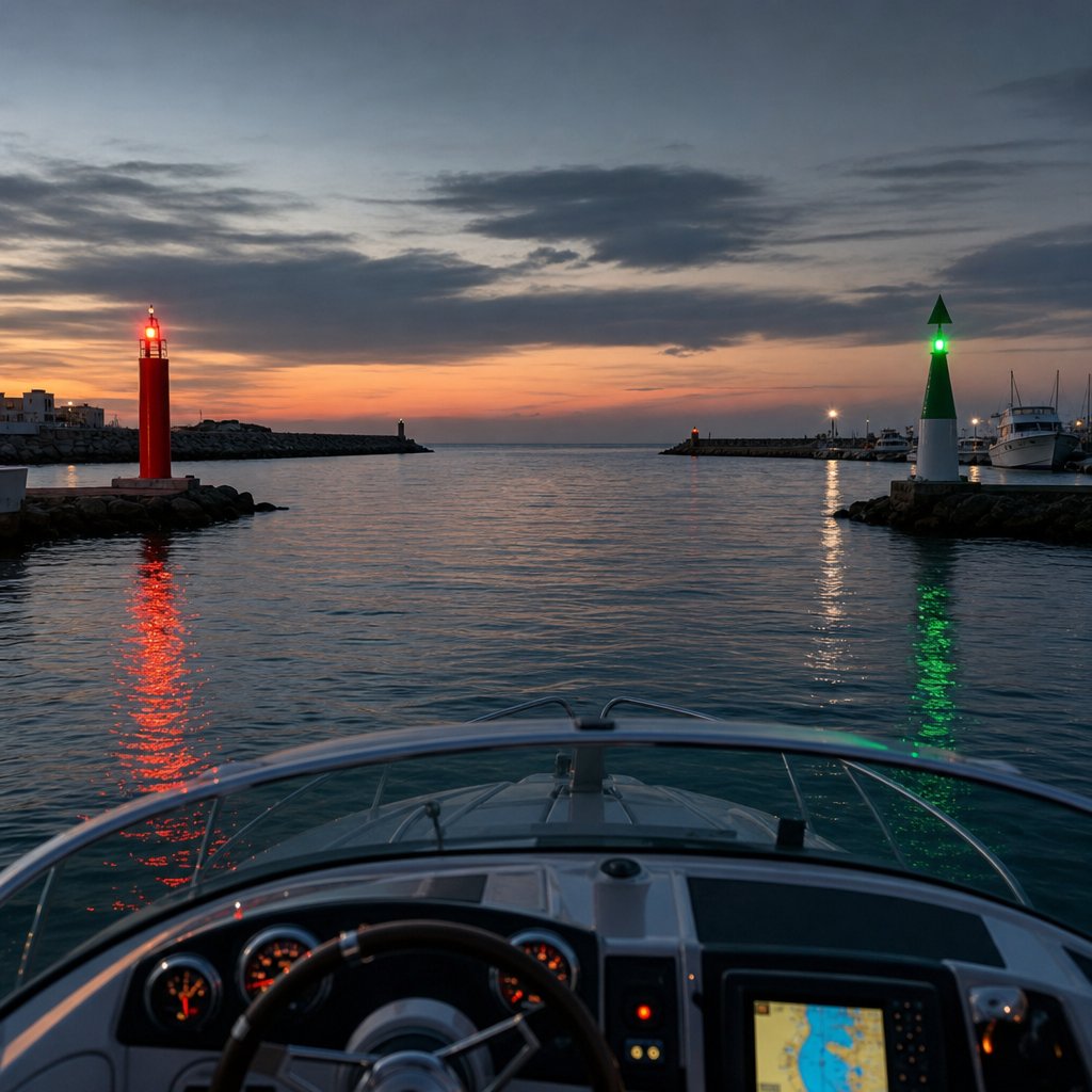 Scène pédagogique vue depuis le cockpit d’un bateau de plaisance à l’entrée d’un port français au crépuscule. À gauche, une marque latérale rouge cylindrique avec feu rouge ; à droite, une marque verte conique avec feu vert. Le chenal est bien visible, avec jetées au loin. Image réaliste, sans texte, utile pour comprendre la lecture de nuit en région A.