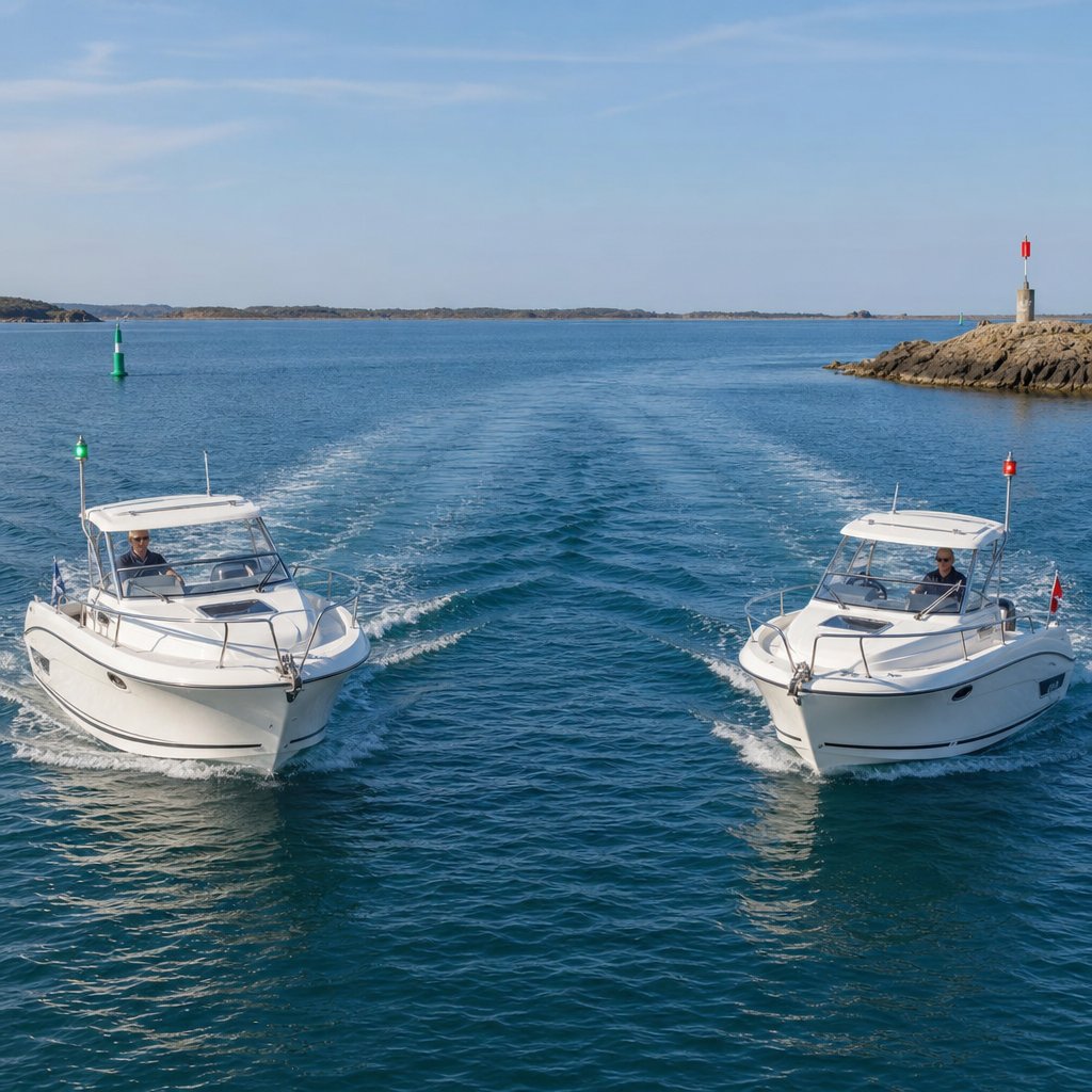Deux bateaux à moteur en mer se faisant face presque frontalement, vue légèrement en hauteur, chacun abat sur tribord pour passer bâbord contre bâbord, mer calme, repères visuels simples sans texte, scène pédagogique claire de permis côtier