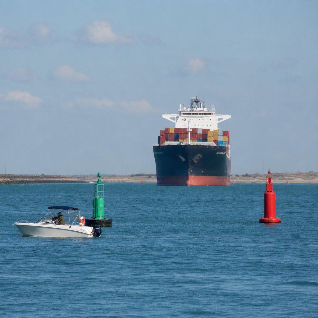 Petit bateau de plaisance attendant à l’écart d’un chenal balisé pendant qu’un grand navire de commerce suit l’axe, vue latérale réaliste, bouées visibles, différence d’échelle marquée, scène de sécurité maritime française