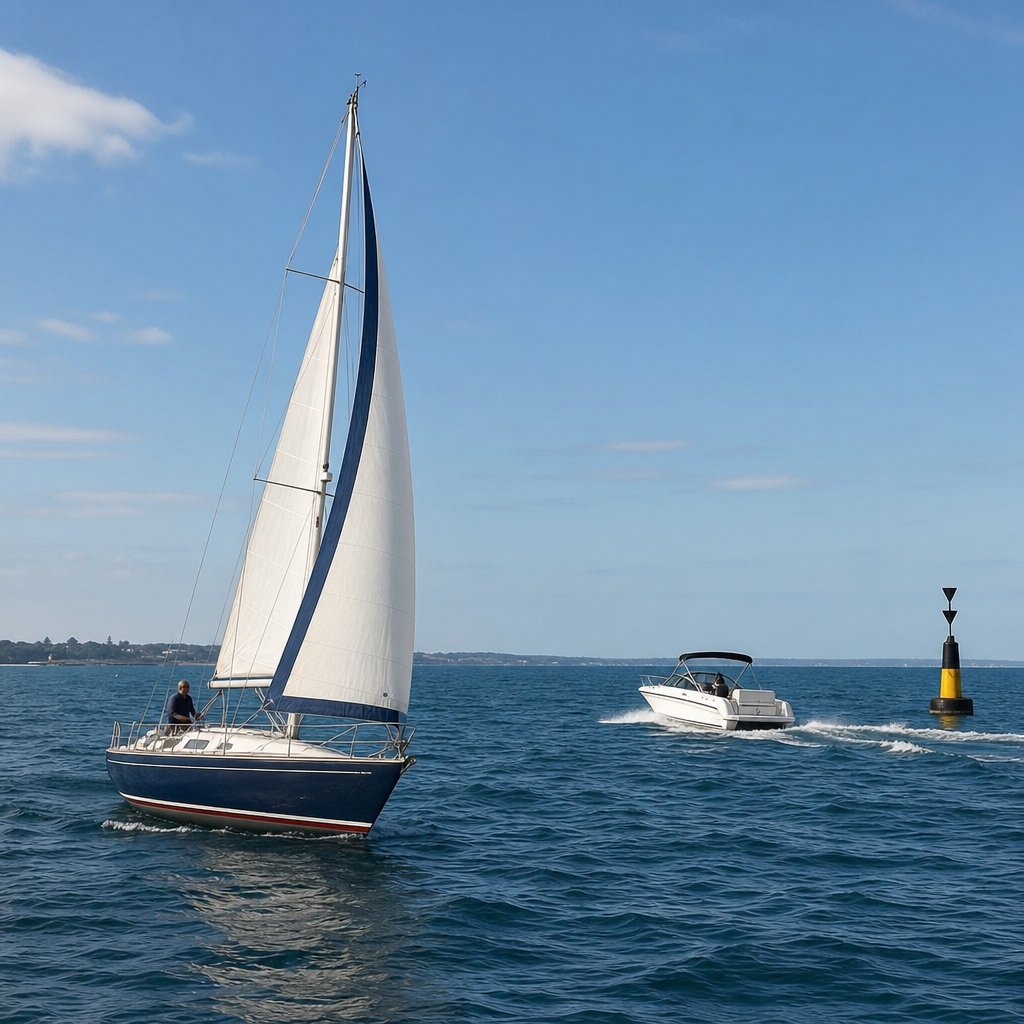 Voilier sous voile traversant la route d’un bateau à moteur qui s’écarte nettement, vue trois-quarts avant, mer maniable, distance de sécurité visible, situation claire de priorité en navigation de plaisance