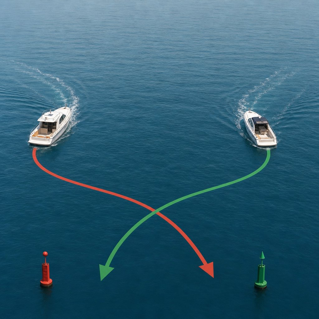 Deux bateaux à moteur se faisant face en mer calme, vus légèrement de dessus, chacun modifiant clairement sa route sur tribord pour se croiser bâbord contre bâbord, sans texte, repères visuels simples de trajectoires courbes sur l’eau