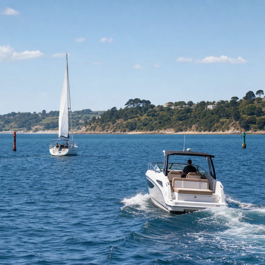 Un bateau à moteur dépassant largement un voilier vu en oblique arrière, mer peu agitée, distance latérale nette, sillage modéré, environnement côtier français avec balises discrètes, sans texte ni symboles superflus