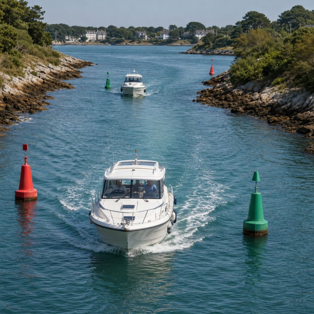 Deux bateaux à moteur dans un chenal étroit côtier français, vue légèrement en hauteur, l’un derrière l’autre, bouées latérales visibles, espace réduit pour dépasser, ambiance réaliste de navigation de plaisance, sans texte ni marquage explicatif