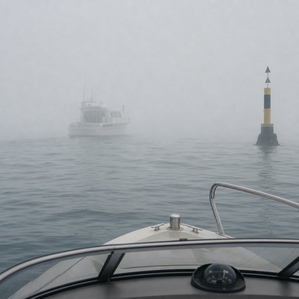 Bateau à moteur de plaisance dans un brouillard dense en zone côtière française, vue depuis un autre bateau au ras de l’eau, silhouette partiellement visible, mer calme, ambiance de veille attentive, sans texte ni légende