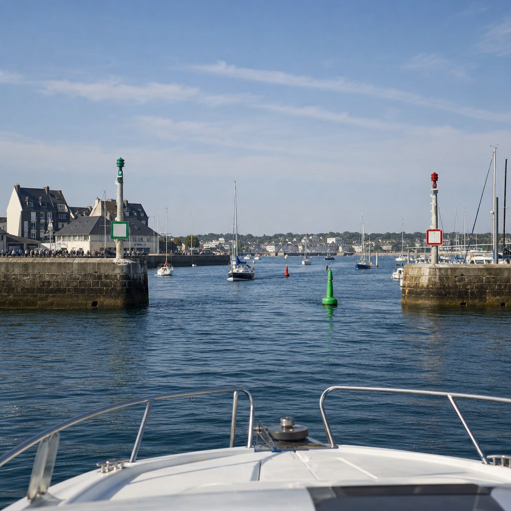 entrée de port française vue depuis un bateau de plaisance, angle avant légèrement sur tribord, jetées avec feu vert et feu rouge clairement visibles, mer peu agitée, chenal balisé, quelques bateaux à proximité, ambiance réaliste de navigation côtière