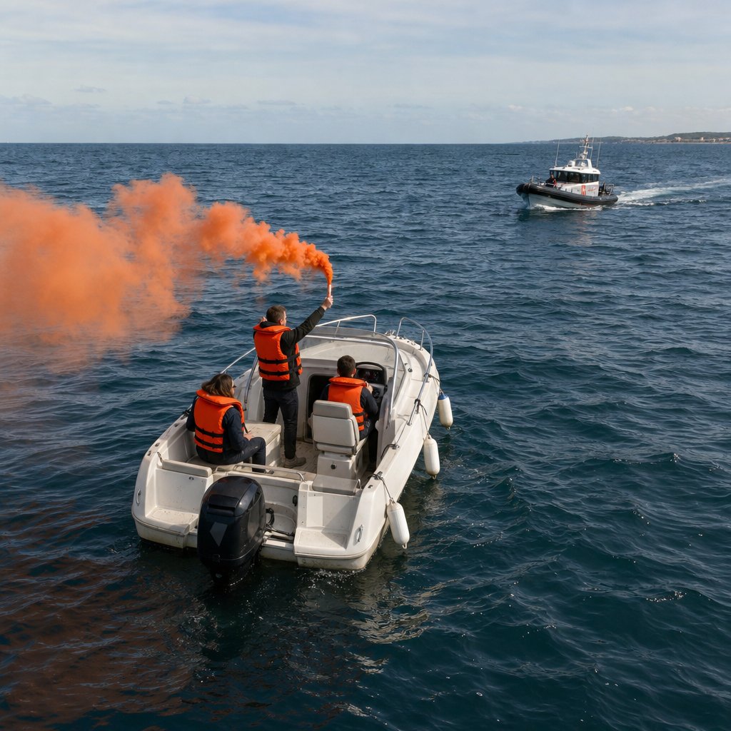 embarcation de plaisance en difficulté en mer côtière, fumigène orange actif à bord, vue légèrement en hauteur, équipiers avec gilets, mer modérée, autre bateau au loin modifiant sa route pour assister, scène pédagogique réaliste