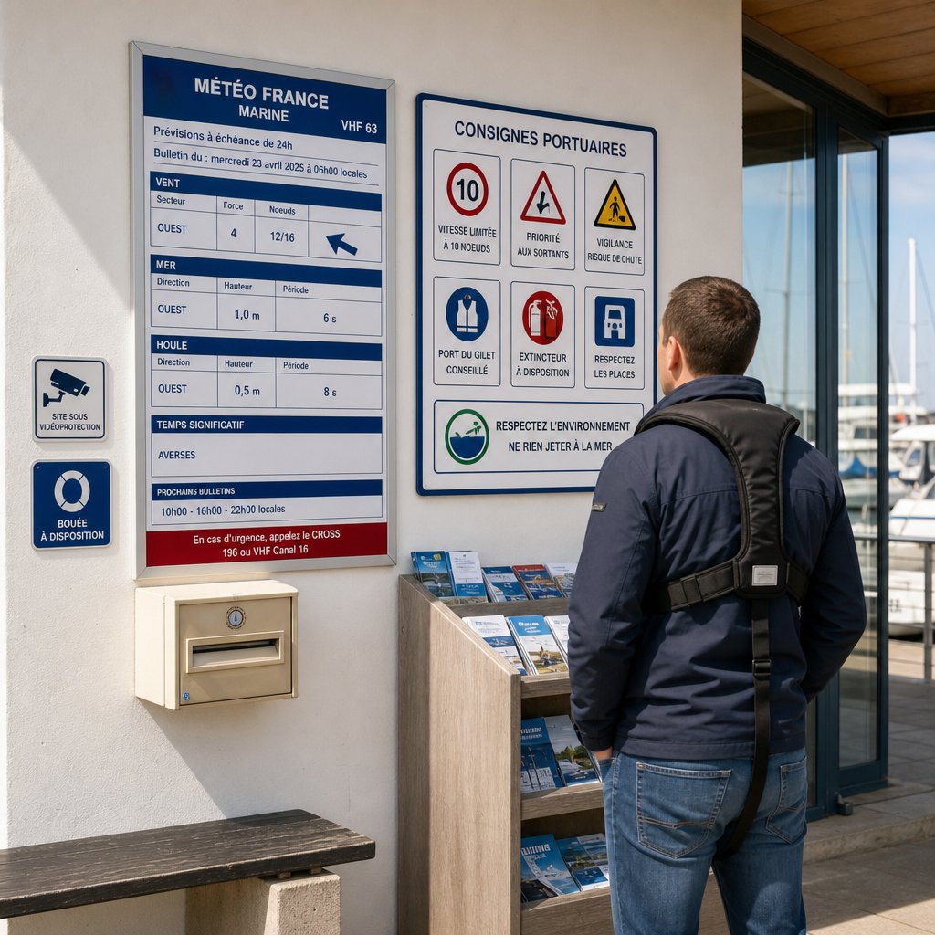 capitainerie de port de plaisance français avec tableau d'affichage météo et consignes portuaires, vue à hauteur d'homme, plaisancier débutant lisant les avis avant appareillage, panneaux officiels visibles sans surcharge, ambiance claire et pédagogique