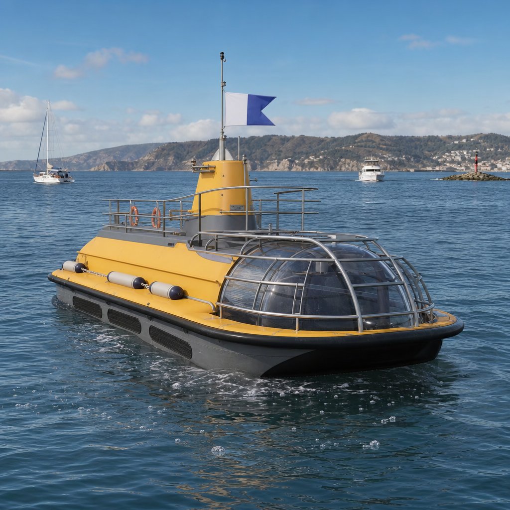 bateau de plongée vu de trois-quarts en mer calme, pavillon Alpha bleu et blanc bien visible en hauteur, quelques bulles en surface autour du bateau, ambiance de navigation côtière française, autres bateaux à distance de sécurité