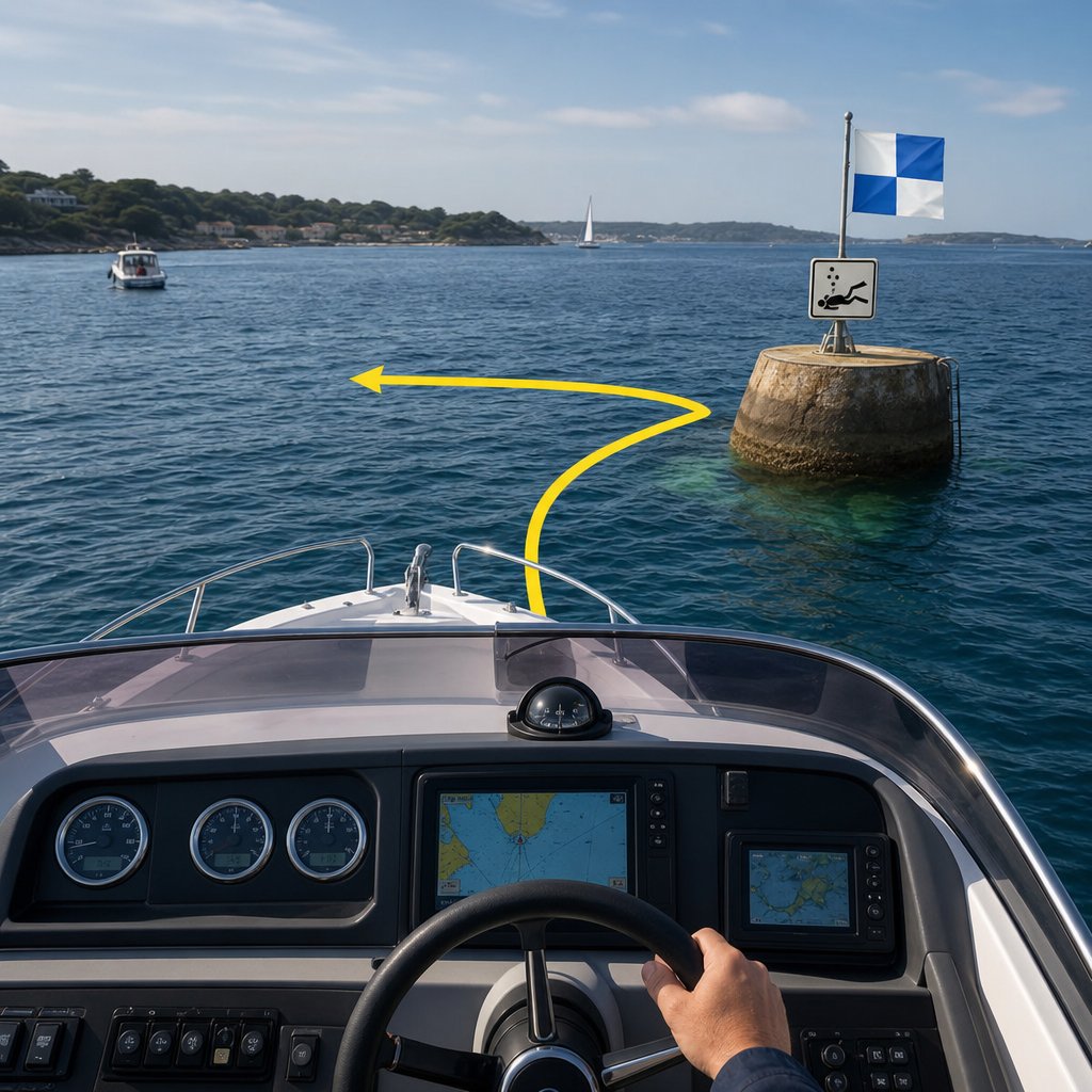 vue depuis le poste de pilotage d’un bateau de plaisance approchant une zone de plongée signalée par un pavillon Alpha, trajectoire de contournement évidente, mer côtière française, autre trafic éloigné, situation de conduite pédagogique