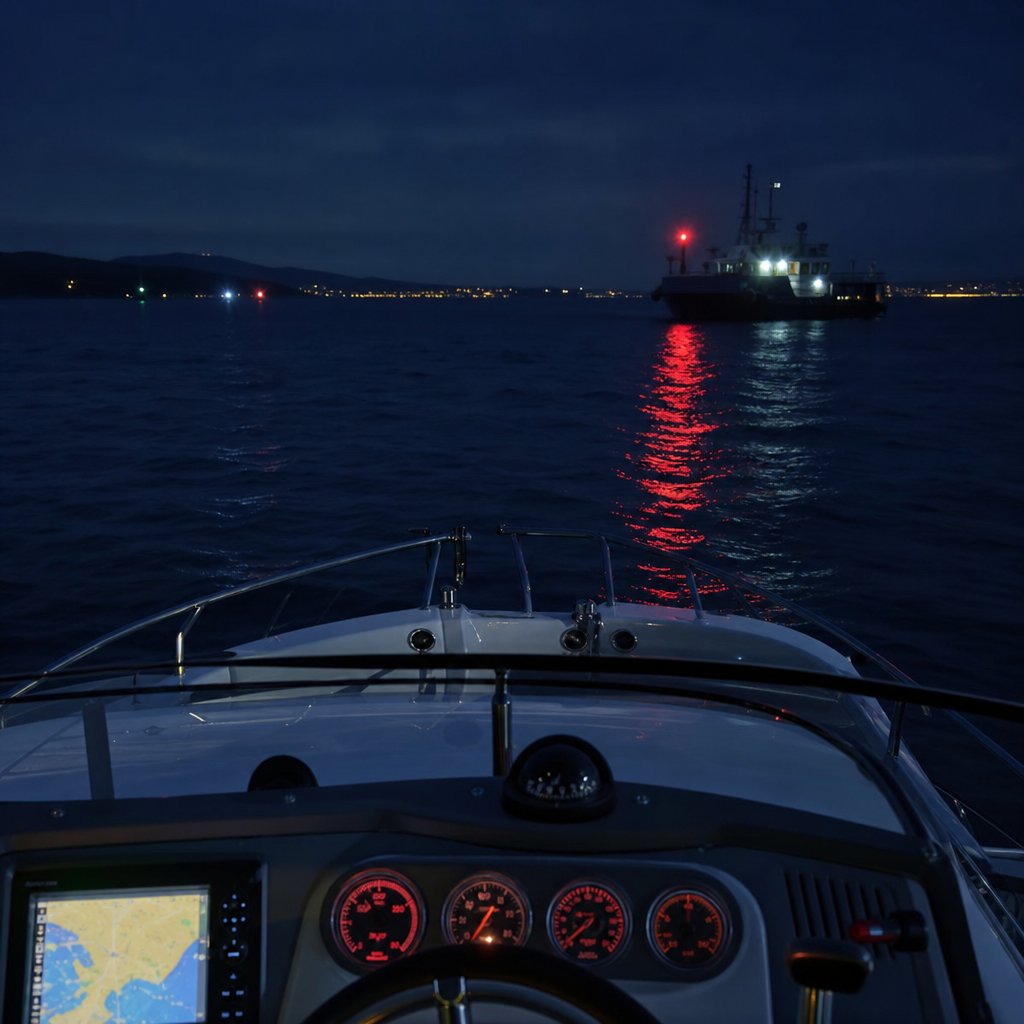 vue depuis le poste de pilotage d’un bateau de plaisance la nuit, un feu rouge seul sur bâbord d’un navire croisant, mer côtière française, ambiance réaliste de navigation d’examen permis Côtier