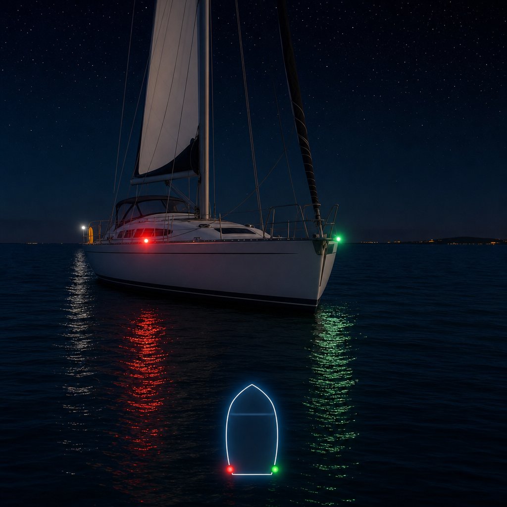 voilier de nuit vu trois quarts avant, feux rouge bâbord, vert tribord et feu blanc de poupe visibles selon angle, mer calme, repère pédagogique pour reconnaître la direction du navire