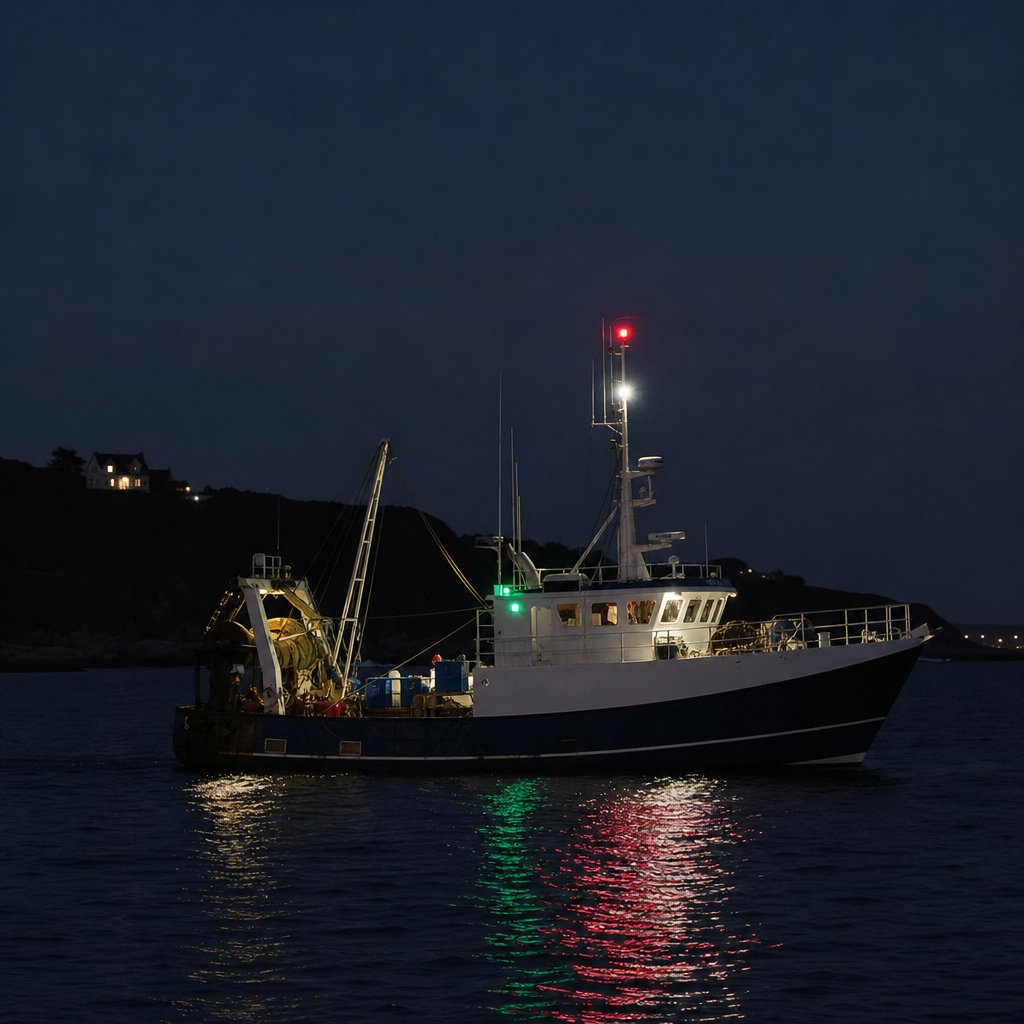 navire de pêche de nuit vu latéralement, deux feux superposés rouge sur blanc, feux de côté perceptibles, ambiance réaliste en mer côtière française, accent sur la reconnaissance réglementaire