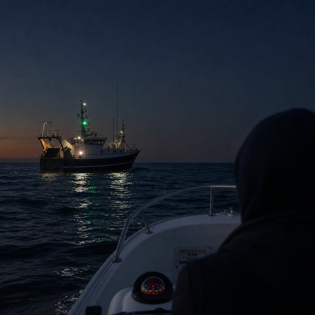 chalutier de nuit avec feu vert au-dessus d'un feu blanc, silhouette de pêche, distance de sécurité d'un petit bateau observateur, scène pédagogique de croisement en mer
