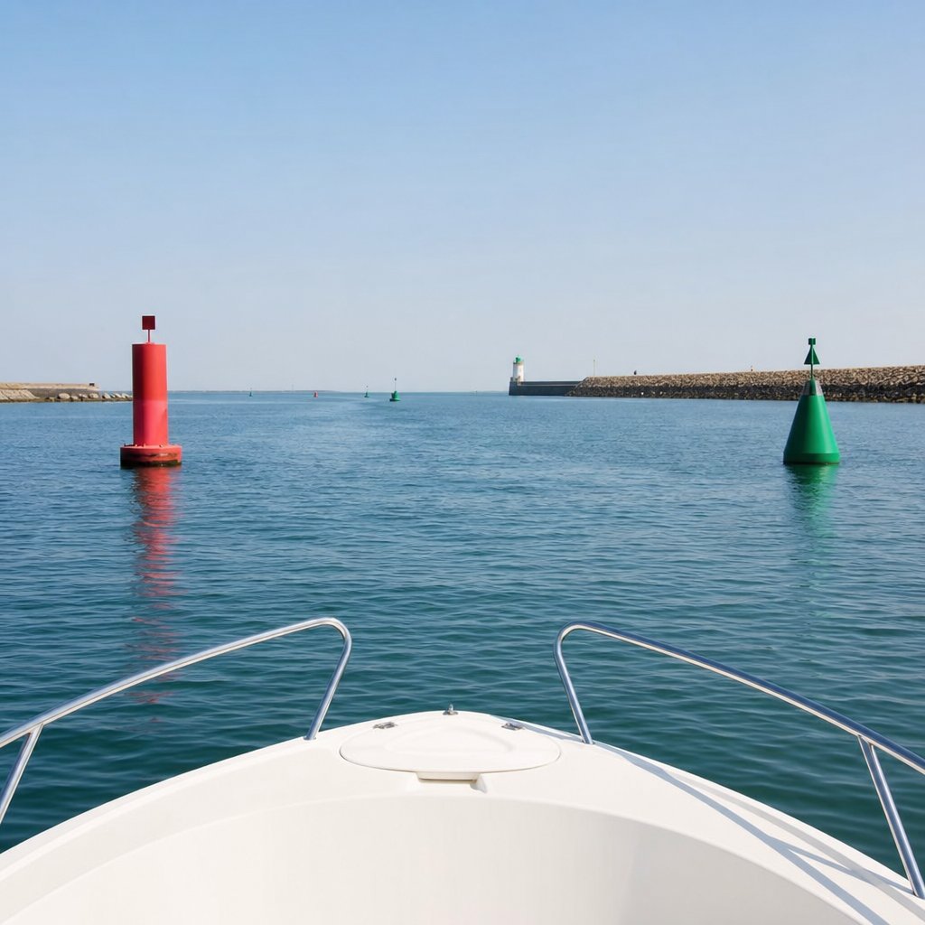 Deux bouées de chenal vues depuis l'avant d'un bateau de plaisance entrant au port : bouée rouge cylindrique à gauche, bouée verte conique à droite, mer calme, jetée au loin, ciel clair