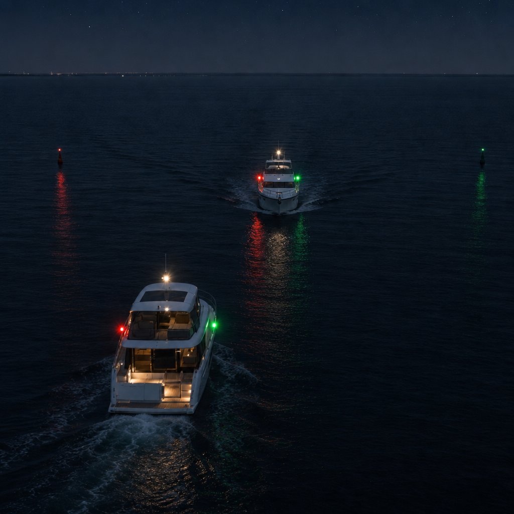 Deux bateaux de plaisance de nuit en mer, vus légèrement de dessus, se rapprochant presque de face ; chaque bateau montre ses feux réglementaires rouge, vert et blanc ; mer sombre calme, horizon discret, scène pédagogique illustrant la décision de venir sur tribord pour éviter l'abordage.
