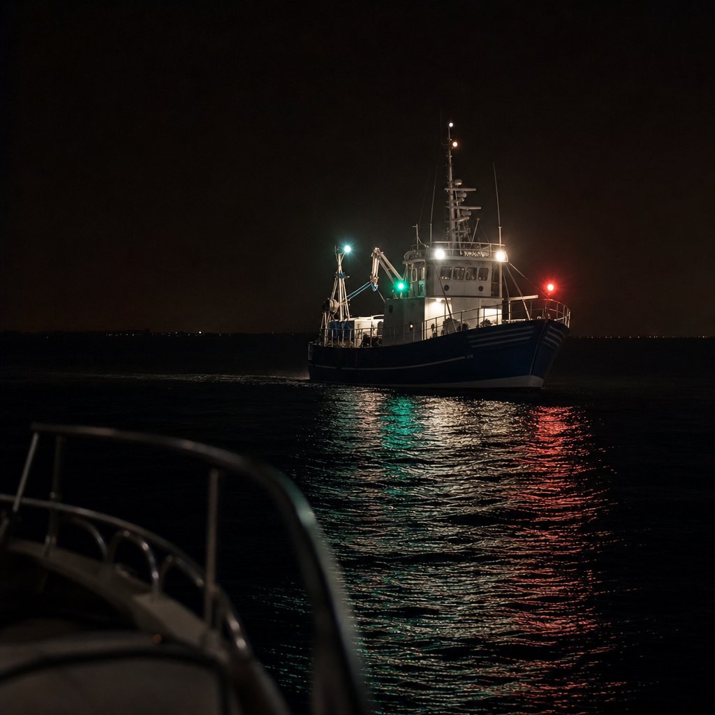Navire de pêche de nuit vu en mer depuis un bateau de plaisance, angle trois-quarts avant ; feux réglementaires visibles, silhouette professionnelle, ambiance sombre réaliste ; au premier plan, eau noire et distance de sécurité marquée pour illustrer qu'un plaisancier doit contourner largement.