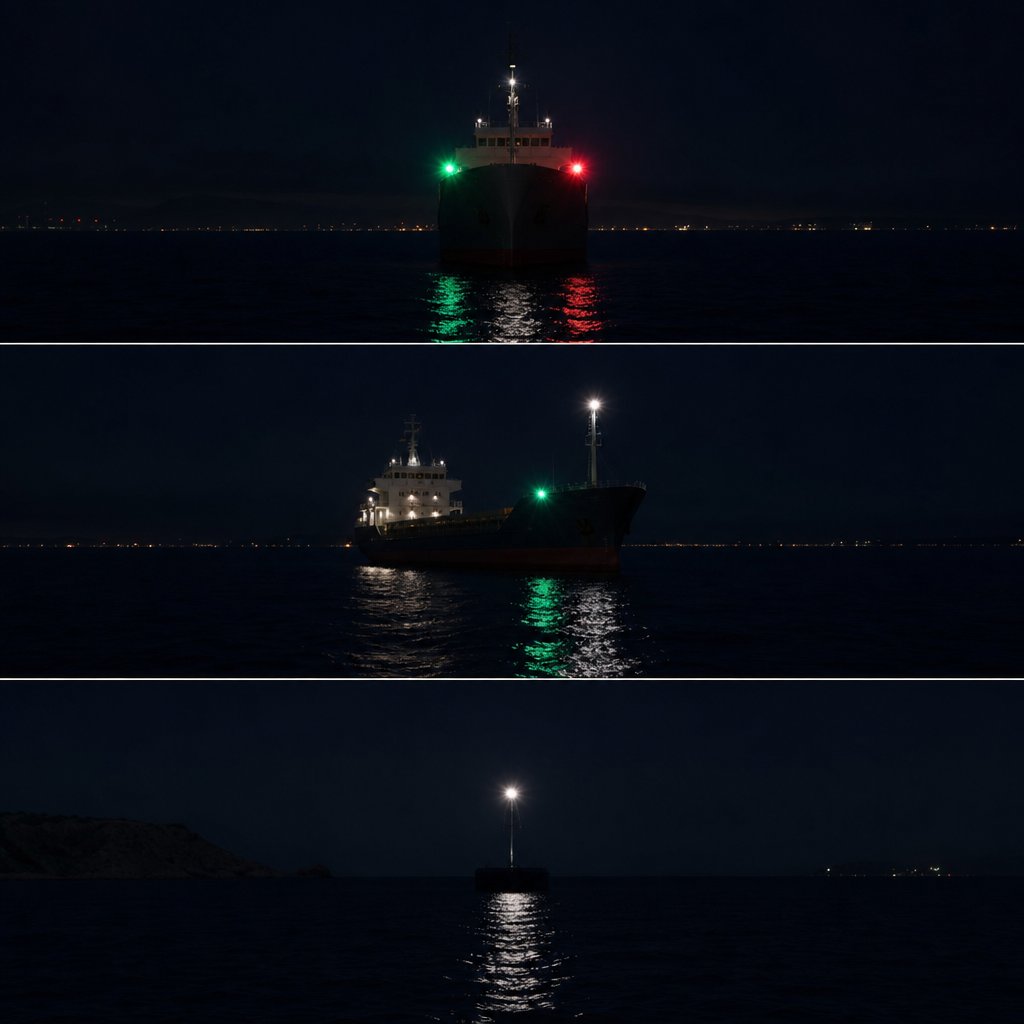 Vue pédagogique de nuit montrant trois silhouettes de navires espacées sur mer sombre : un navire vu de face avec feux rouge et vert, un autre vu par tribord avant avec blanc et vert, un navire au mouillage avec un seul feu blanc tout horizon ; composition simple sans texte, destinée à comparer les configurations.