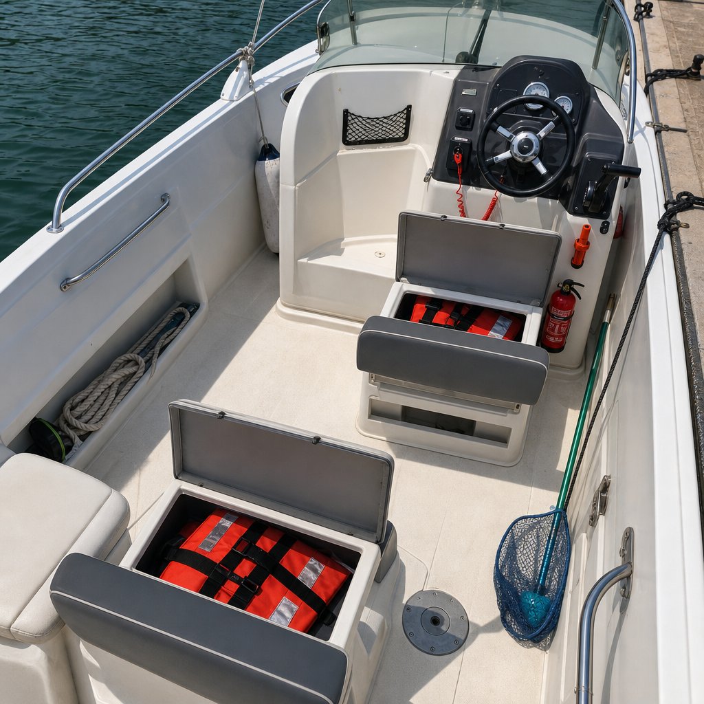 intérieur d'un petit bateau à moteur de plaisance français, vue légèrement en plongée, gilets accessibles sous les sièges, extincteur fixé, écope visible, ligne de mouillage rangée, coupe-circuit au poste de pilotage, matériel bien organisé, ambiance réaliste de contrôle sécurité au port