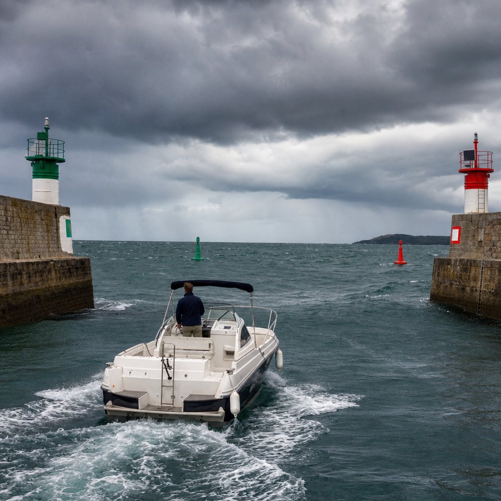 bateau de plaisance quittant un port français avec mer agitée à l'entrée, ciel sombre, bouées latérales visibles, skipper observant les conditions avant de sortir