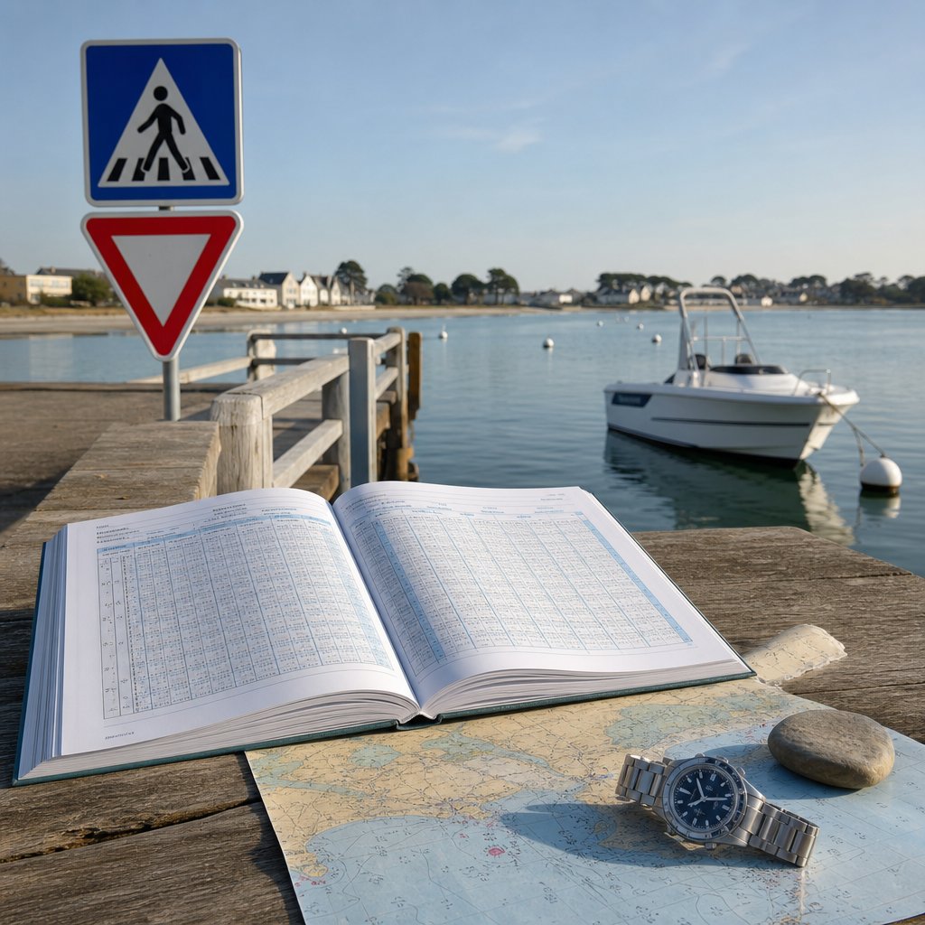 table de marées ouverte sur un ponton avec montre, carte côtière et petit bateau au mouillage en arrière-plan, lumière de matin, ambiance de préparation avant départ