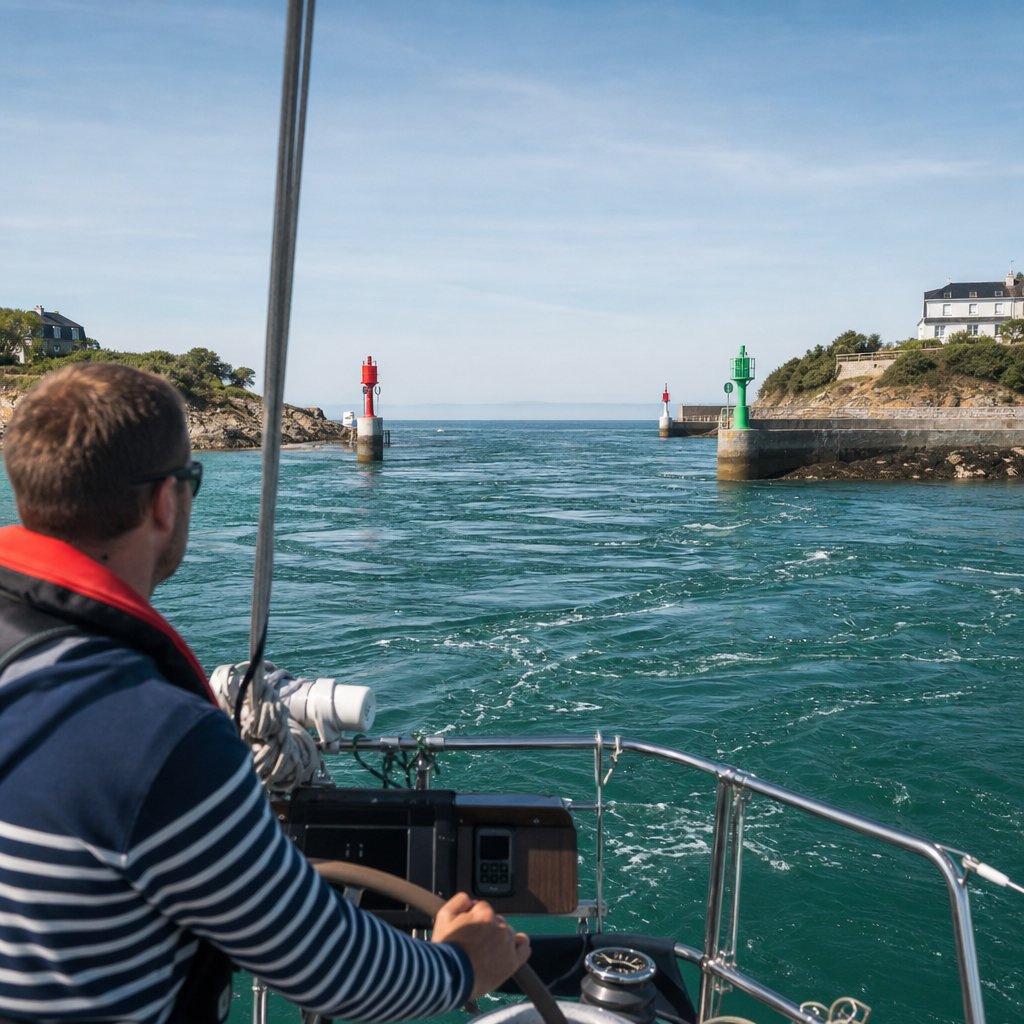entrée de port côtier français vue depuis le bateau, chenal balisé, courant visible sur l'eau, skipper alignant sa trajectoire pour rentrer avec prudence