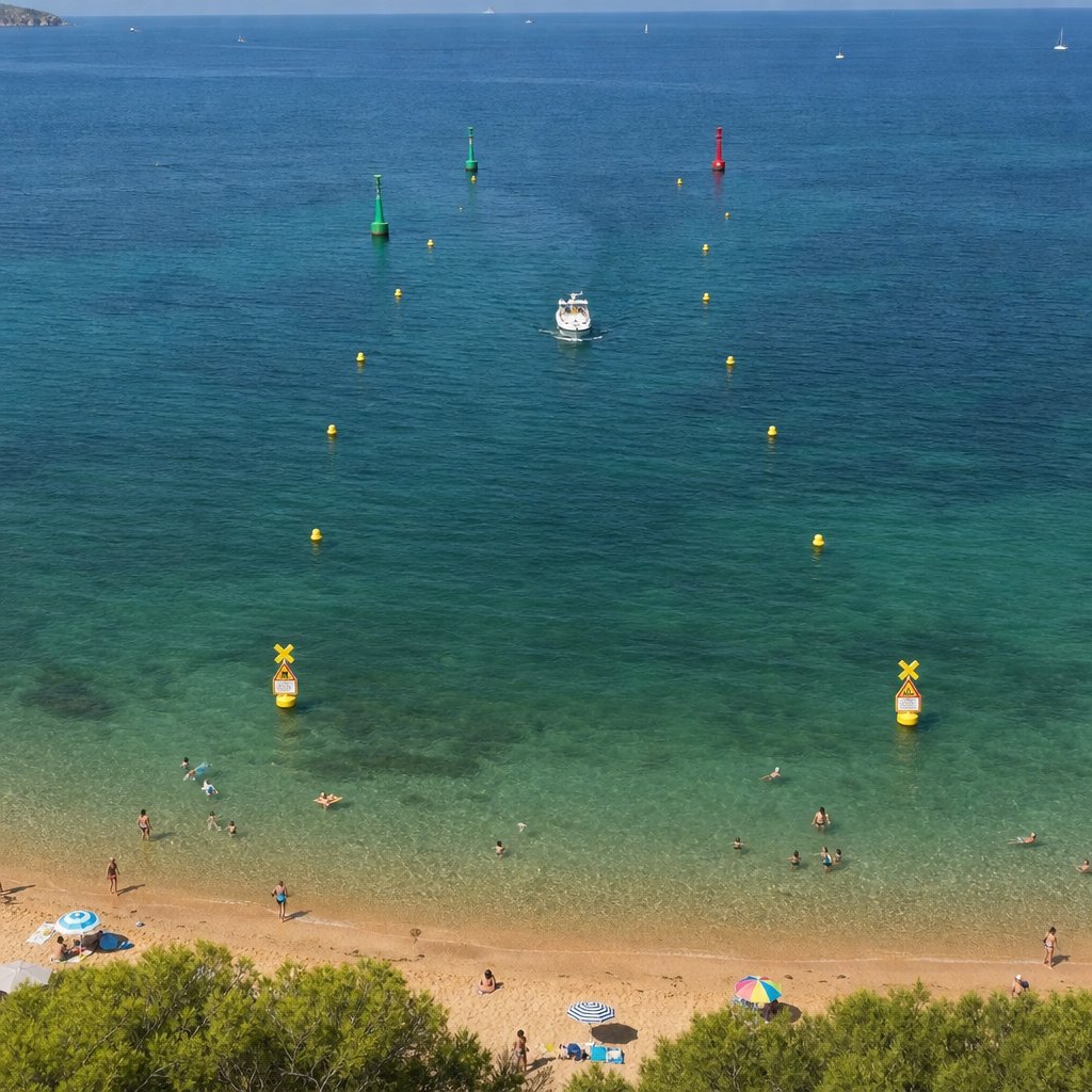 vue aérienne d’une plage française avec bouées jaunes délimitant la bande des 300 mètres, chenal balisé perpendiculaire à la plage, quelques baigneurs près du rivage et petit bateau avançant lentement dans le chenal