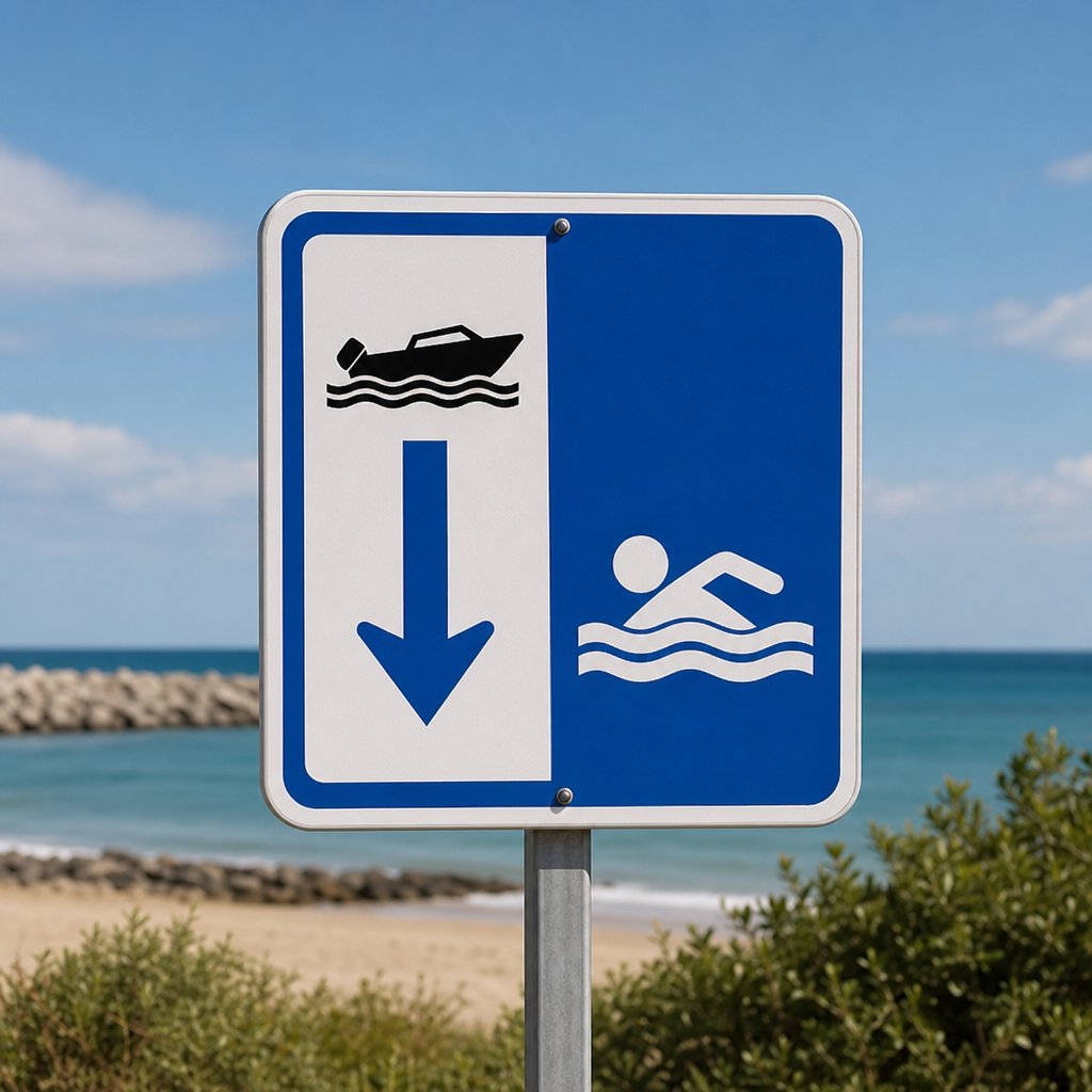 panneau officiel français de plage indiquant chenal d’accès aux embarcations et zone de baignade, vue frontale claire, environnement littoral sobre, utile pour reconnaître la signalisation réglementaire
