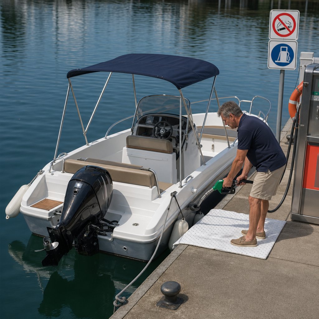 bateau de plaisance effectuant un avitaillement au port, moteur coupé, plaisancier attentif au pistolet de carburant, présence d'un absorbant anti-pollution, eau calme du bassin, vue légèrement en plongée depuis le quai