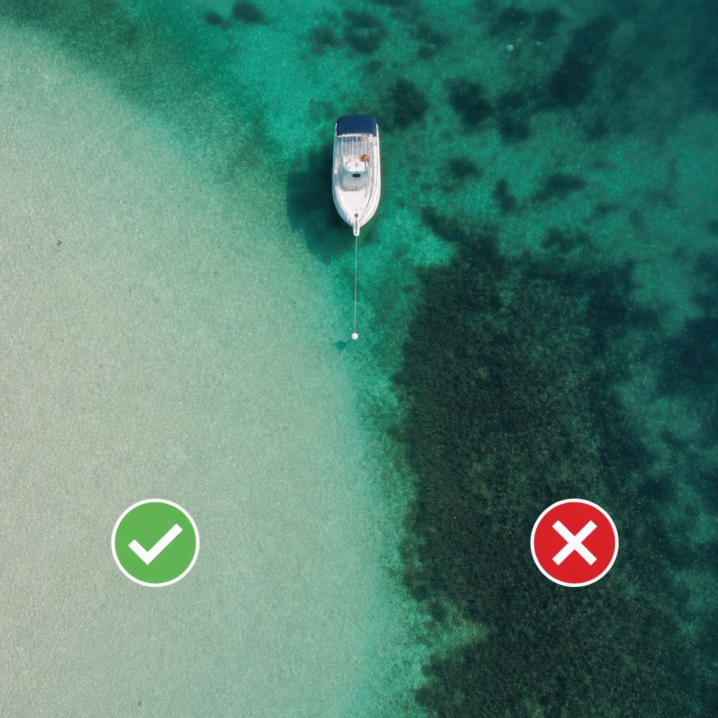 petit bateau de plaisance au-dessus d'une eau turquoise, herbier sombre clairement visible sous la surface à côté d'une zone sableuse claire, vue aérienne verticale permettant de comprendre où mouiller sans dégrader le fond