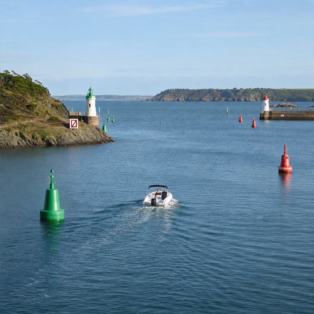 vue réaliste d’un petit bateau à moteur suivant un chenal balisé vers un port français, avec bouées rouges et vertes bien visibles, côte rocheuse modérée au loin, mer calme, angle légèrement en hauteur pour comprendre le balisage et la trajectoire