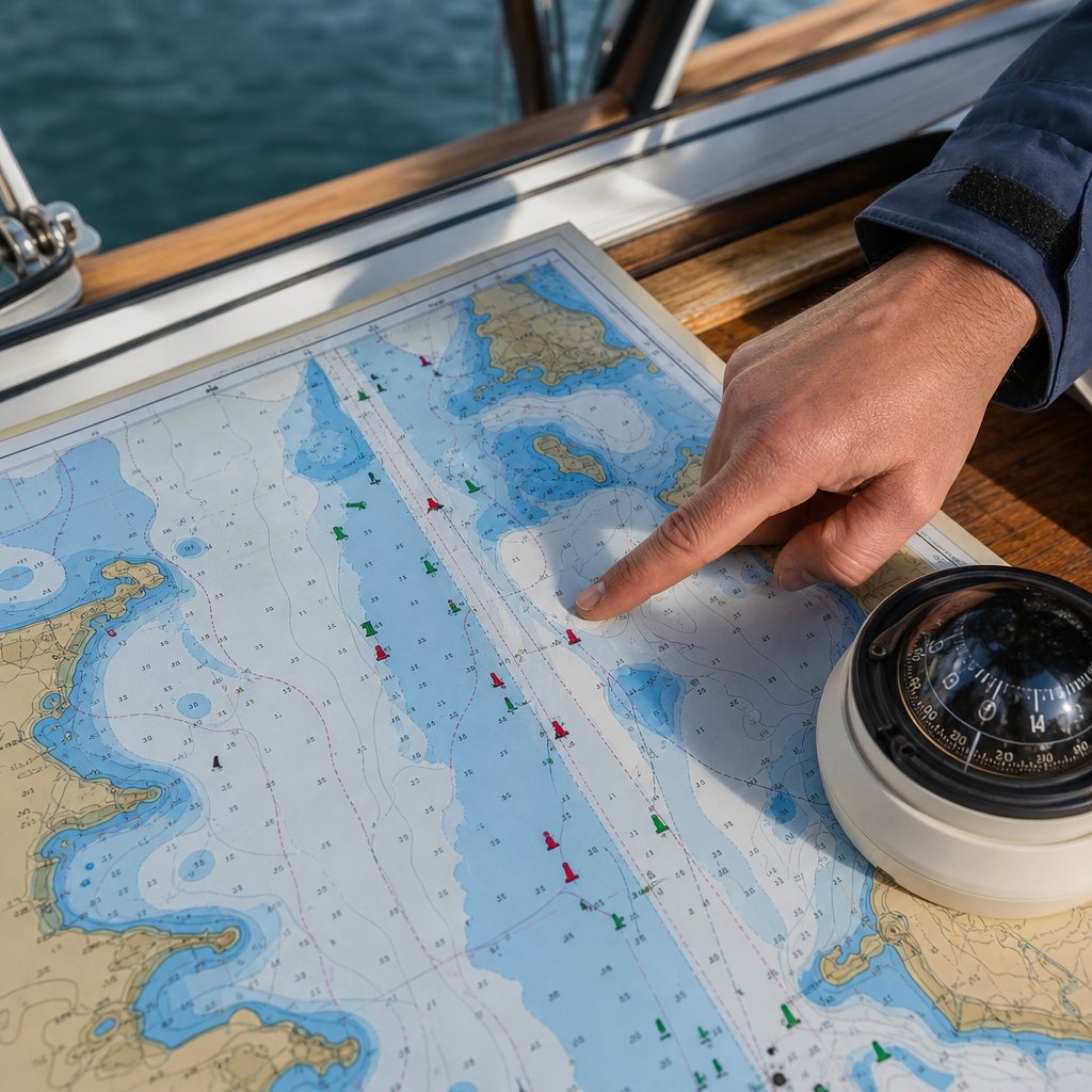 gros plan sur une carte marine française papier posée sur une table de cockpit, main d’un plaisancier pointant un chenal et des sondes, compas à proximité, lumière naturelle, angle plongeant pour montrer clairement profondeurs, balisage et préparation de route sans texte ajouté