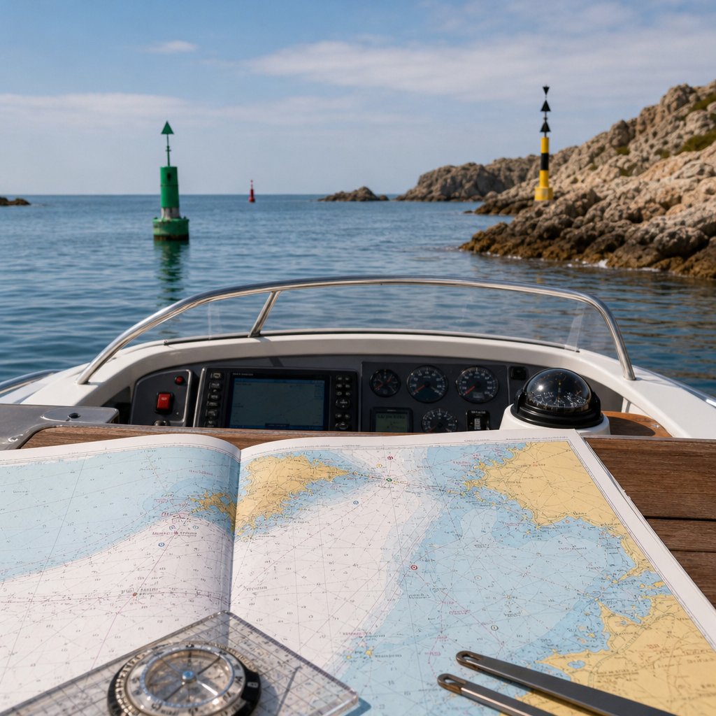 Vue d’un petit bateau à moteur approchant une côte rocheuse avec carte marine ouverte au premier plan, montrant symboles de rochers, sondes et chenal balisé ; angle légèrement plongeant depuis le cockpit, mer calme, situation pédagogique de navigation côtière française