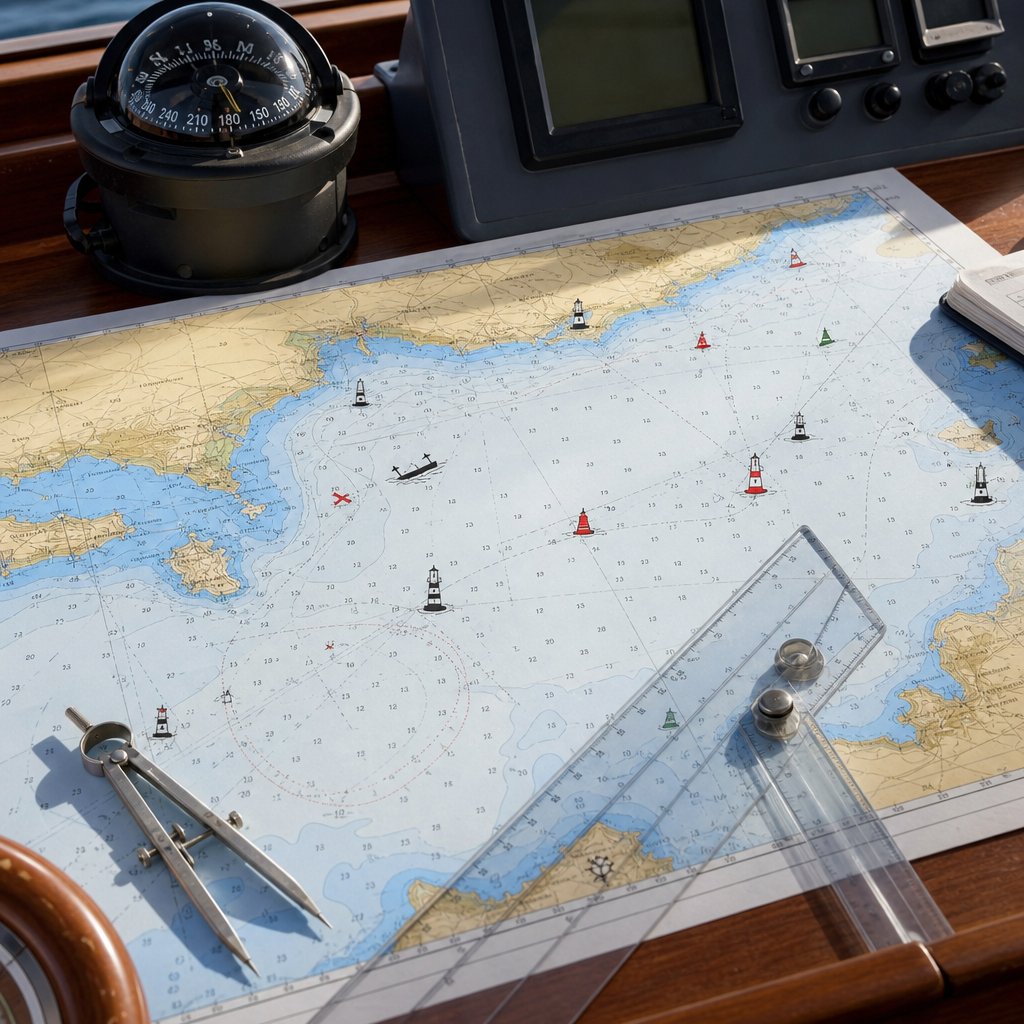 Carte marine française vue de dessus sur table de bord, compas et règle à proximité, mise en évidence visuelle de sondes, symboles de phare, épave et nature du fond ; scène réaliste de préparation d’une sortie côtière, sans texte ajouté sur l’image