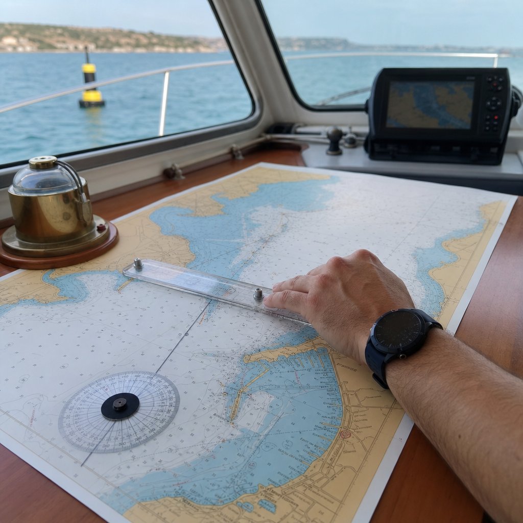 table à cartes dans un bateau de plaisance, règle Cras alignée entre un port et une bouée sur une carte marine française, rose graduée visible, main mesurant un cap, vue oblique réaliste sans texte ajouté