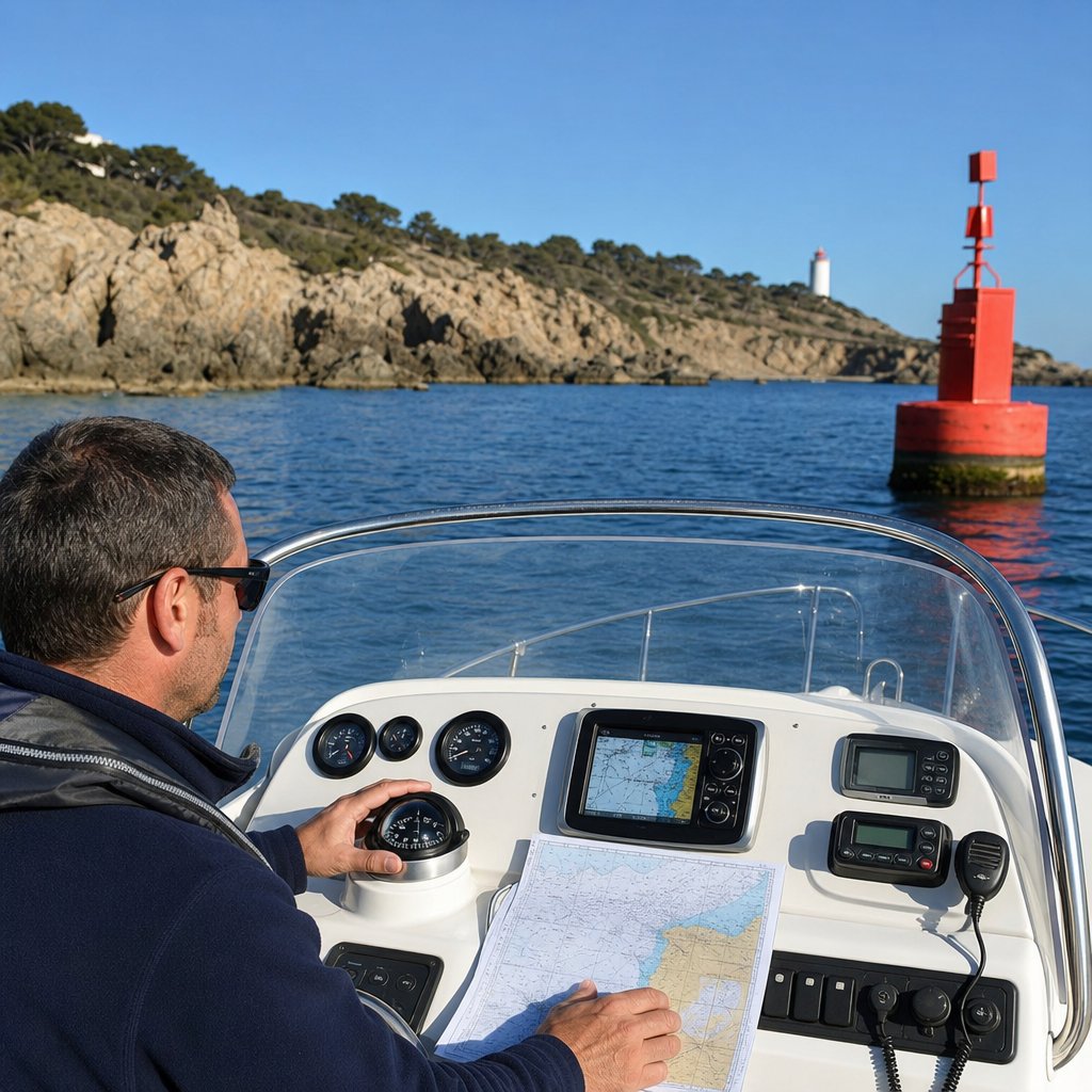 petit bateau à moteur côtier naviguant près d'une côte française rocheuse balisée, skipper regardant alternativement compas de route et carte marine, bouée latérale visible, conditions de bonne visibilité, scène réaliste de préparation de cap en sécurité