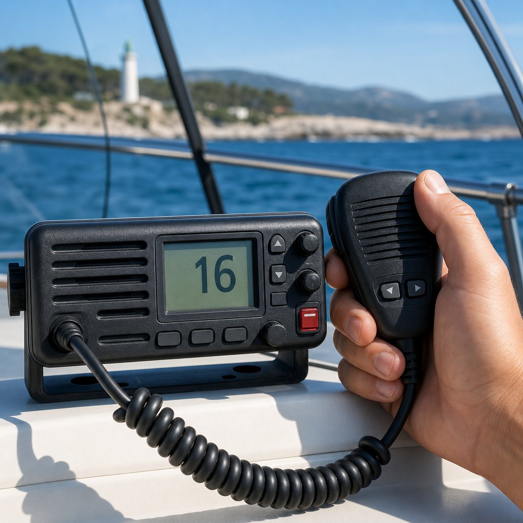 vue rapprochée d’une VHF marine fixe à bord d’un bateau de plaisance, sélecteur de canal visible sur 16, main prête à émettre, environnement marin côtier français en arrière-plan flou, image pédagogique centrée sur le bon canal de sécurité sans ajout de texte