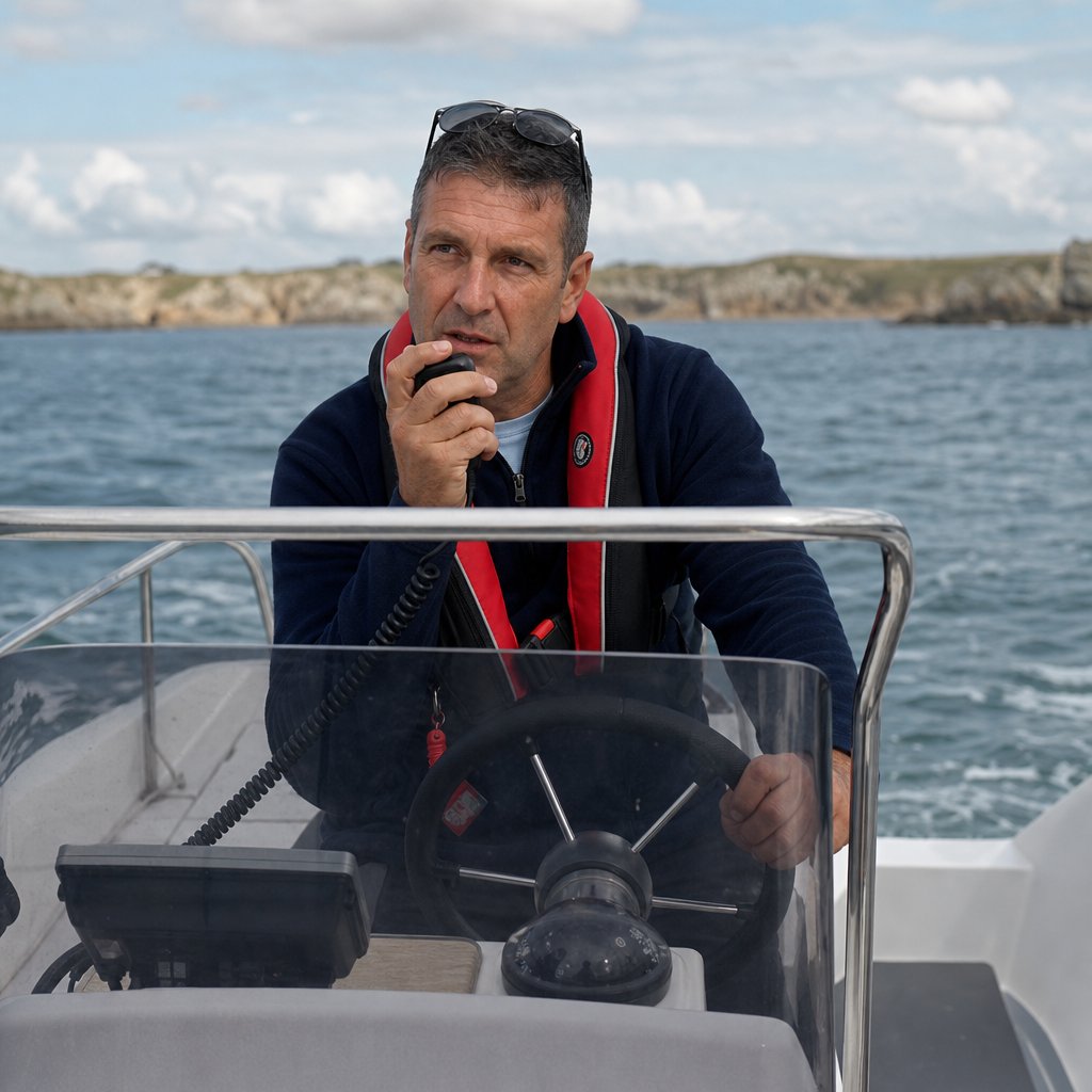 plaisancier à la barre d'un petit bateau à moteur, VHF fixe en main, mer côtière modérée, visage concentré mais calme, gilets portés, position réaliste de navigation de plaisance française, aucun texte à l'image