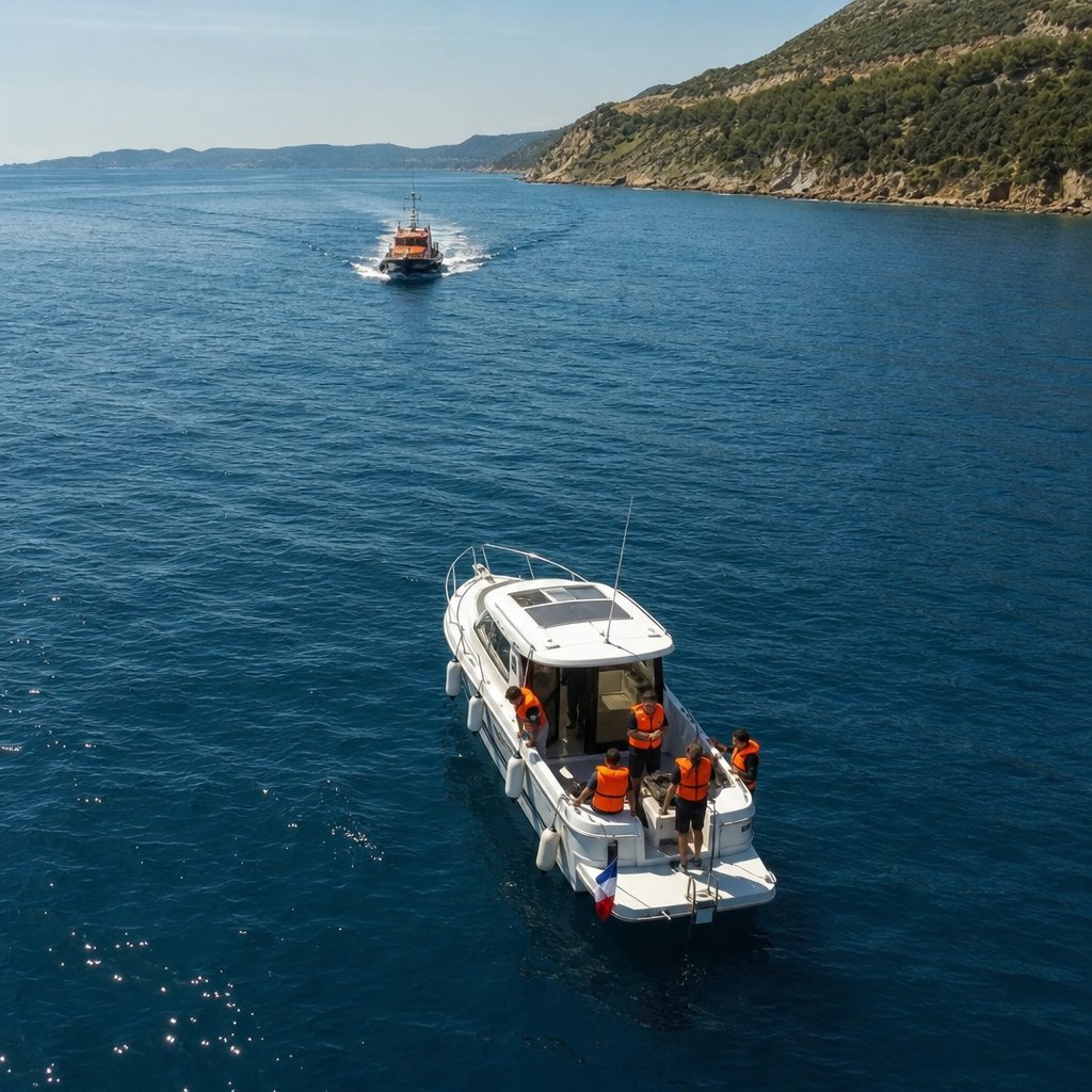 vue aérienne d'un bateau de plaisance stoppé en mer près du littoral français, équipage rassemblé avec gilets, un sauveteur en approche au loin, contexte de secours réaliste sans texte