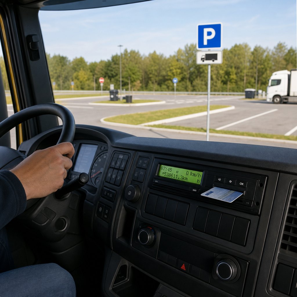 Intérieur de cabine de poids lourd, vue sur le tableau de bord avec tachygraphe numérique allumé, carte conducteur insérée, conducteur à l'arrêt sur une aire de repos française, ambiance réaliste, aucun texte ajouté hors affichage officiel de l'appareil