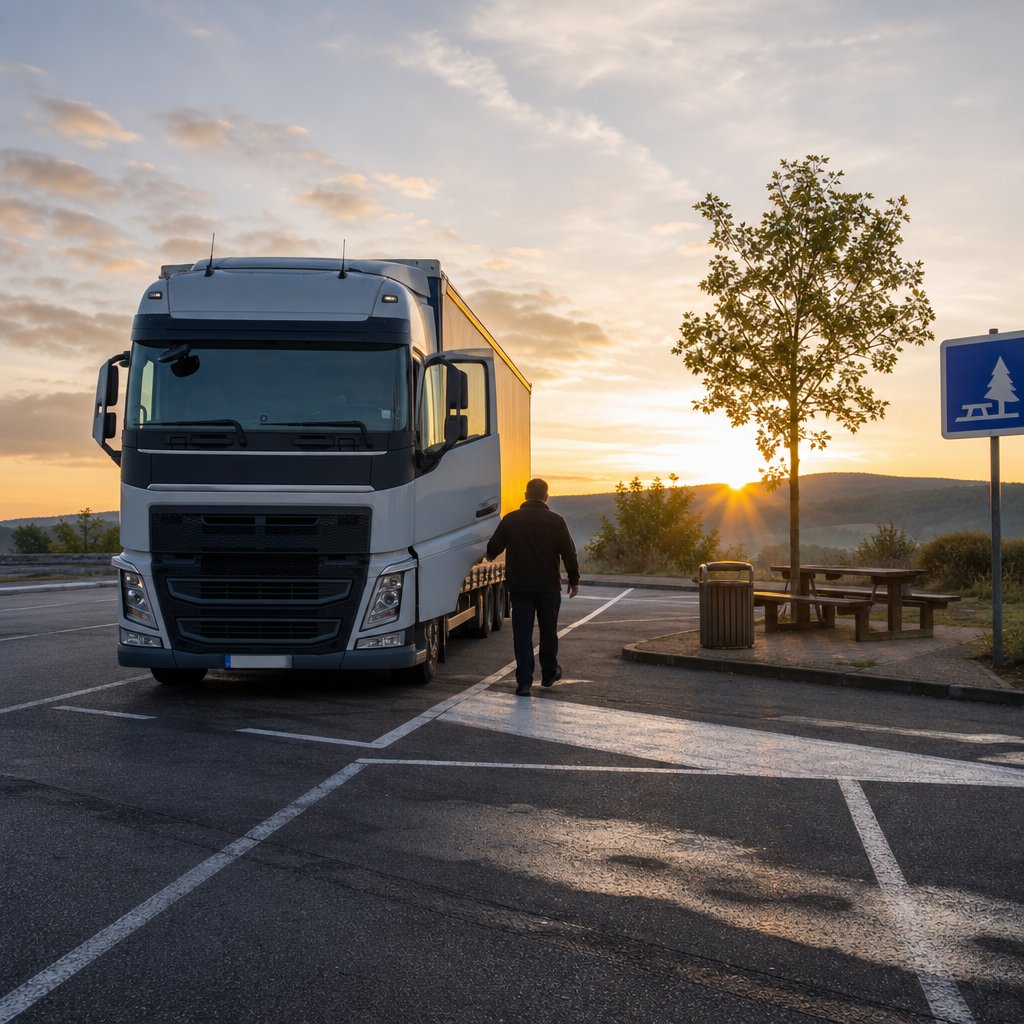 Poids lourd stationné sur une aire de repos d'autoroute en France au lever du jour, conducteur descendant de la cabine pour sa pause, marquages routiers français visibles, contexte réaliste de sécurité et récupération, sans texte ajouté