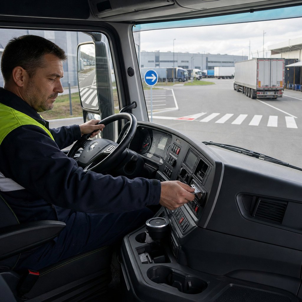 Intérieur de cabine de poids lourd moderne en France, vue en trois quarts depuis le siège passager, chronotachygraphe numérique visible au tableau de bord, carte conducteur insérée, conducteur en tenue professionnelle préparant son départ, ambiance réaliste de centre logistique français, sans texte ni interface exagérée