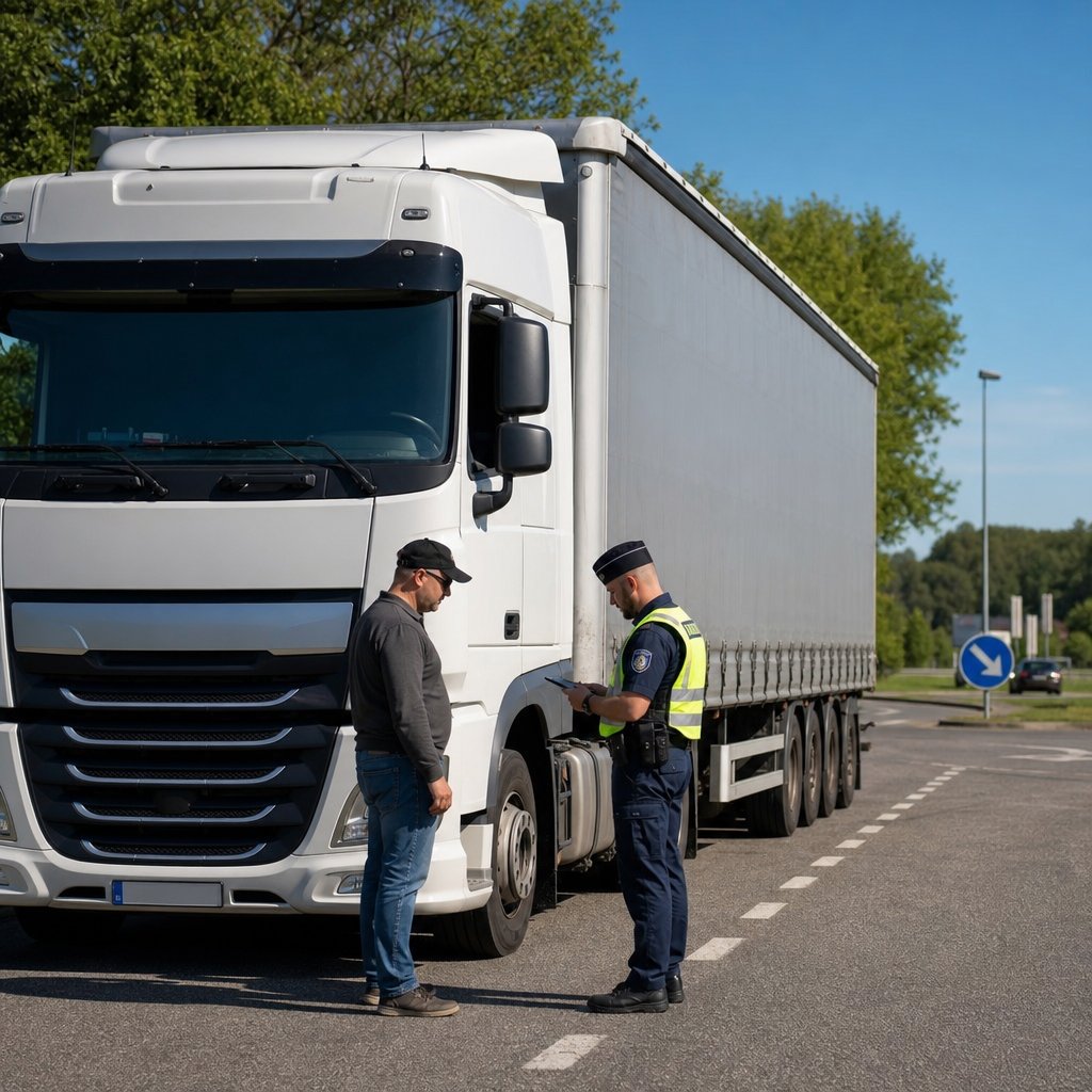 Contrôle routier de poids lourd sur une aire française, vue extérieure en journée, camion arrêté en sécurité, agent effectuant une vérification réglementaire avec conducteur près de la cabine, contexte réaliste de transport routier en France, signalisation routière française discrète, sans texte ajouté