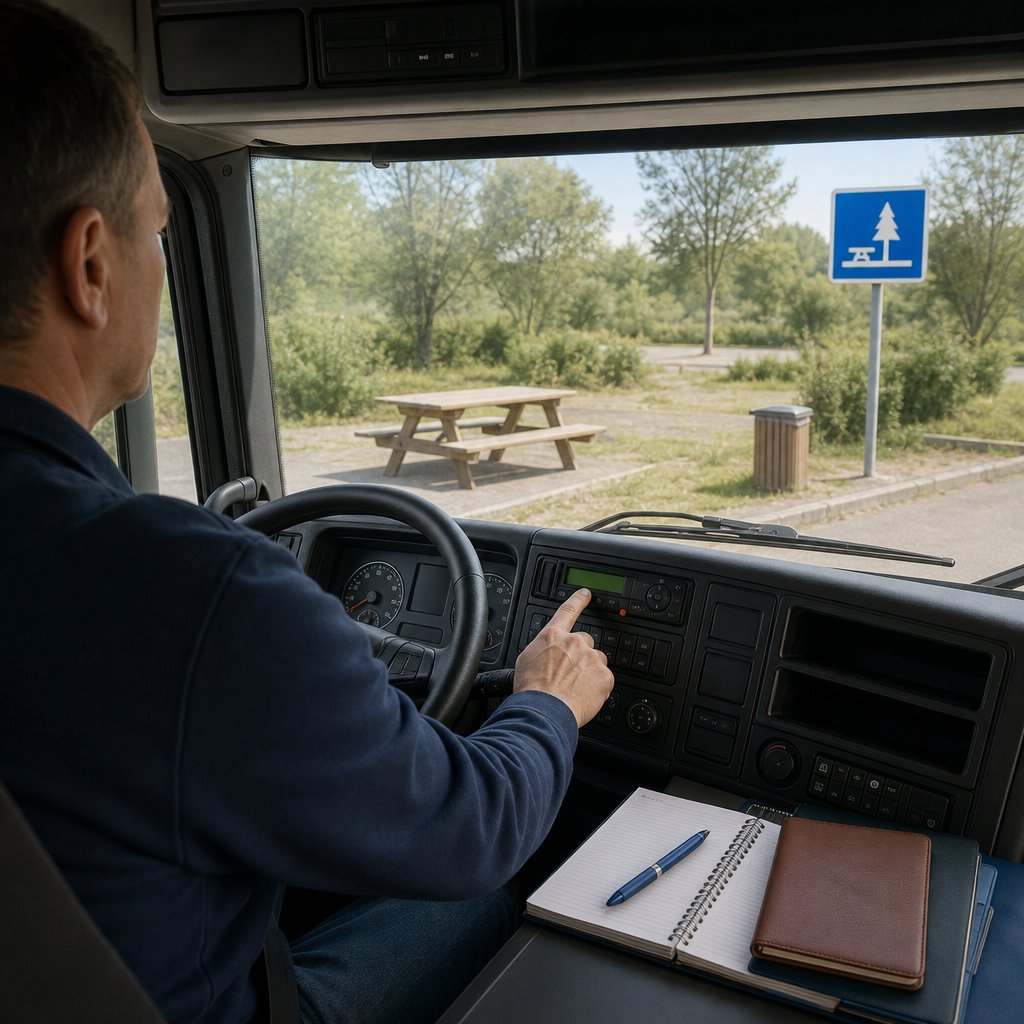 Scène pédagogique sur aire de repos française, vue intérieure de cabine, conducteur sélectionnant le bon mode d’activité sur le chronotachygraphe après arrêt, carnet et documents posés, ambiance réaliste de formation poids lourd, accent sur le geste de sélection sans texte à l’écran
