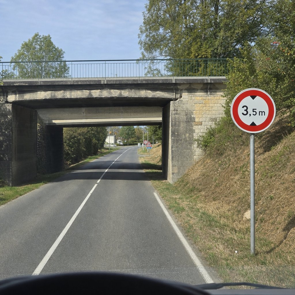 panneau officiel français d'interdiction de hauteur B12, rond bord rouge, mention 3,5 m, implanté avant un pont routier bas, environnement de route secondaire française, vue conducteur poids lourd