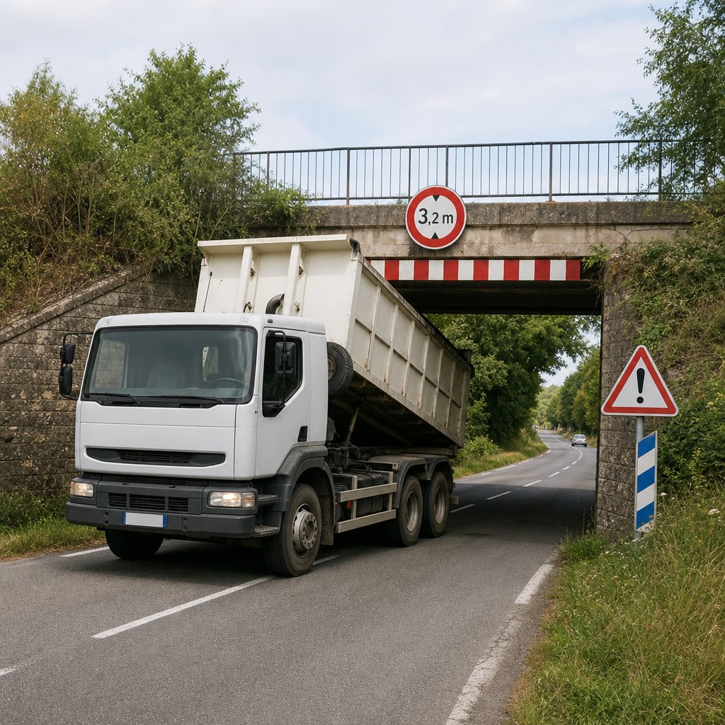camion-benne français approchant un pont bas sur route départementale, benne légèrement relevée créant un risque de collision, vue trois-quarts avant, environnement réaliste sans texte ajouté