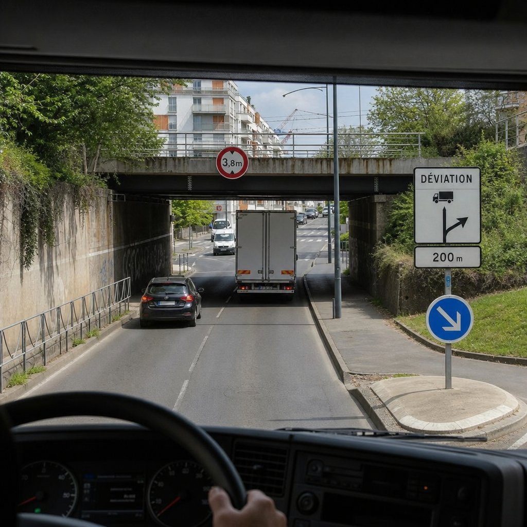 vue conducteur depuis cabine de poids lourd en approche d'un passage inférieur urbain français avec panneau officiel de hauteur, possibilité de déviation visible sur le côté, contexte réaliste de circulation modérée