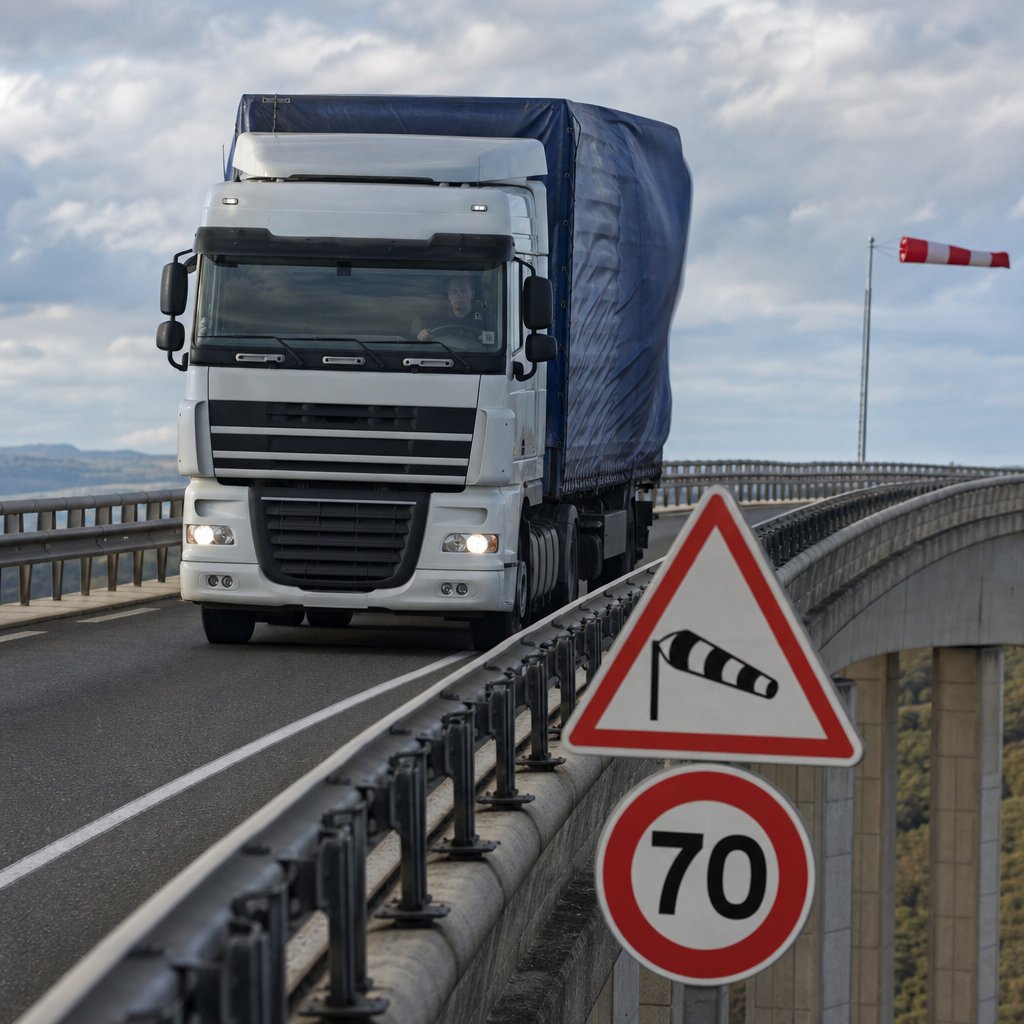 Poids lourd bâché circulant sur un viaduc français par fort vent latéral, légère inclinaison ressentie, mains du conducteur fermes sur le volant, environnement dégagé montrant l’exposition aux rafales