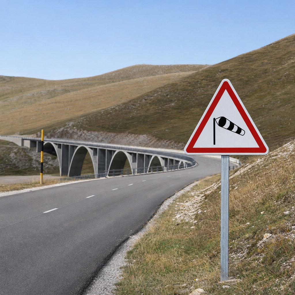 Panneau officiel français de danger annonçant un vent latéral, implanté en bord de route avant un viaduc, environnement dégagé sans autre texte visible